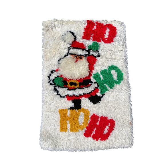 Hand Knotted Santa Claus Rug HO HO HO Christmas Holiday Themed Floor Mat White - Picture 1 of 4
